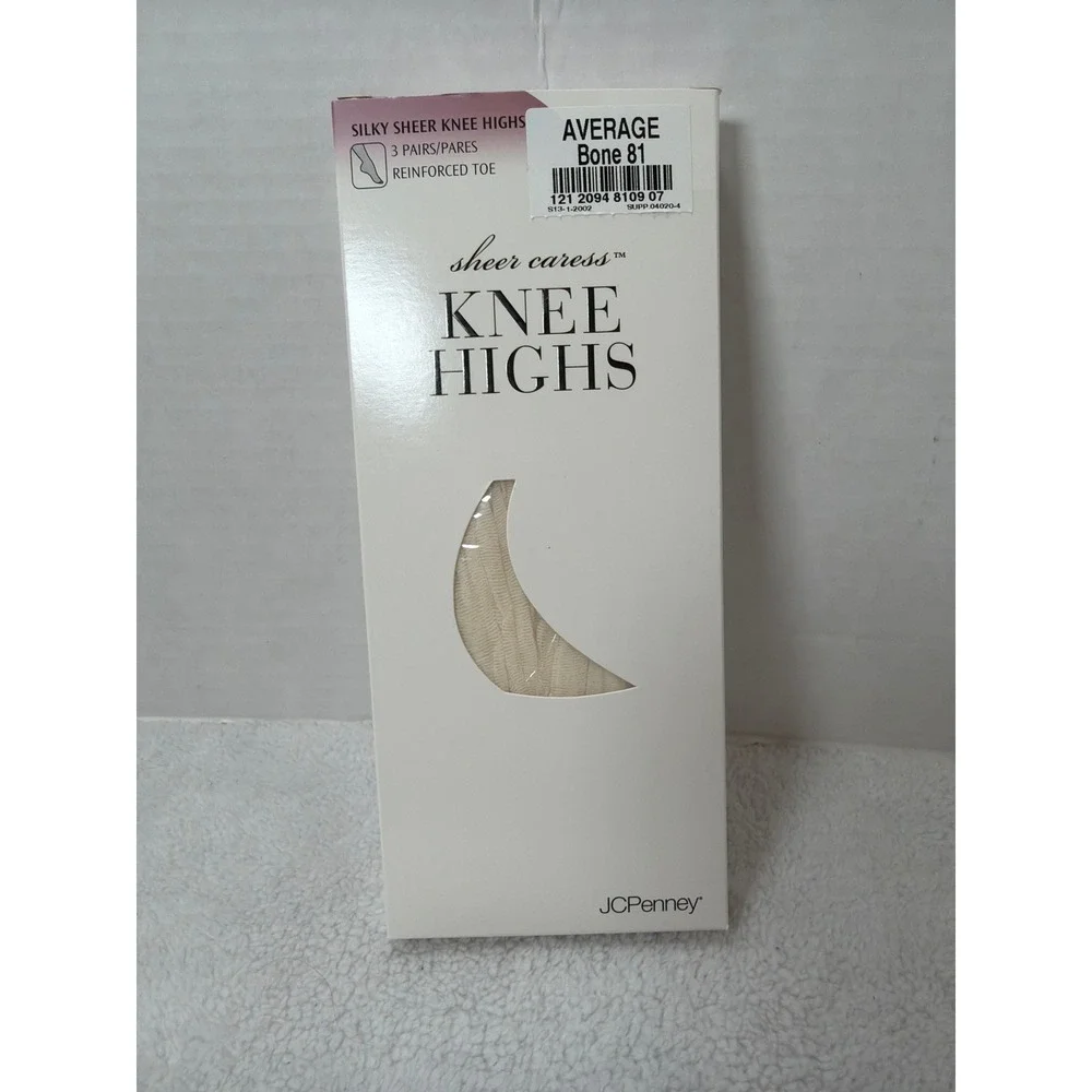 NOS JCPenney Knee Highs Womens Average Bone Sheer Caress 3 Pairs Reinforced Toe